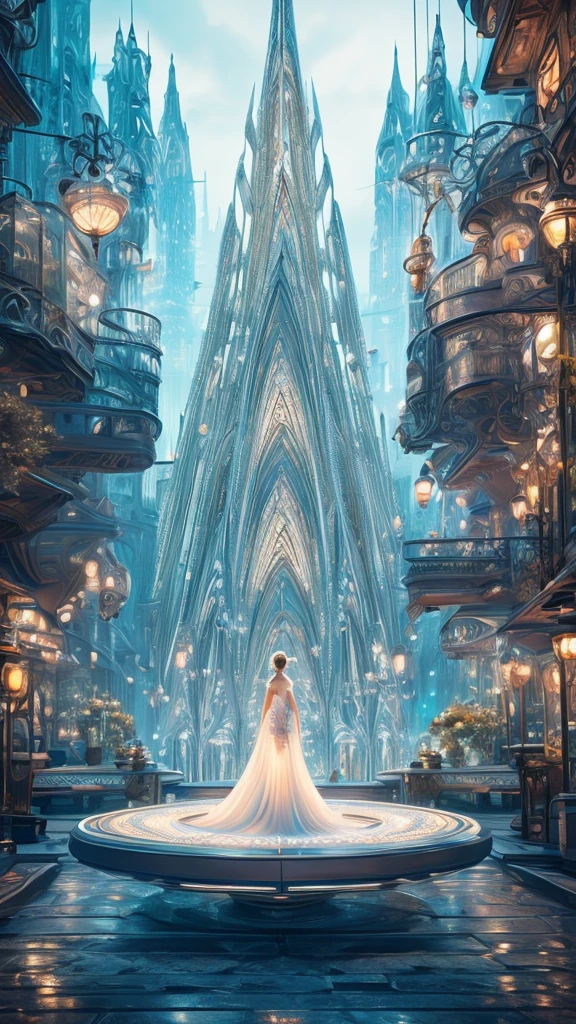 a lonely woman in a futuristic fairy tale world, beautiful detailed eyes, beautiful detailed lips, extremely detailed eyes and face, long eyelashes, delicate features, serene expression, elegant posture, intricate futuristic architecture, glowing crystals, floating platforms, holographic displays, neon lights, dreamlike atmosphere, pastel color palette, soft diffused lighting, cinematic composition, digital art, concept art, 8k, high quality, masterpiece, photorealistic