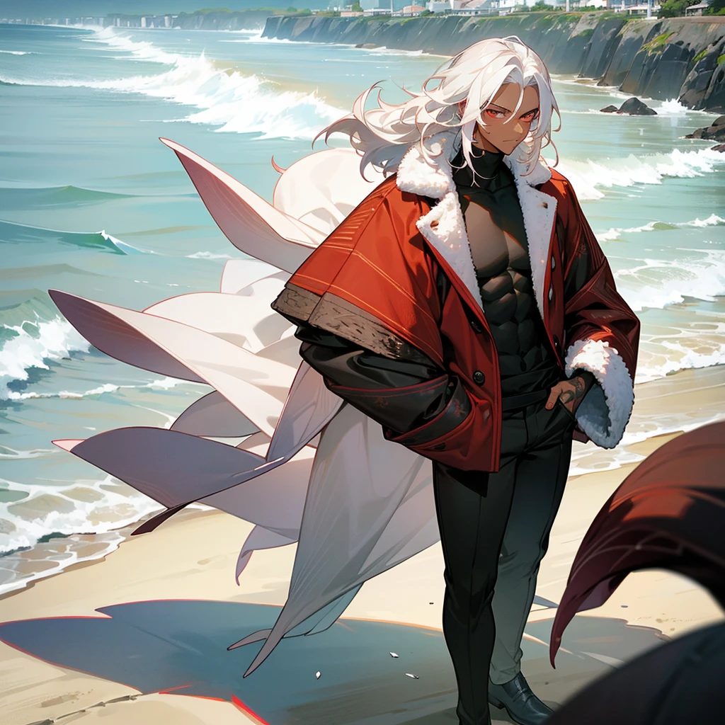 1male, young adult, dark skin, finely detailed crimson eyes, wild medium hair, seashell white hair color, long sleeve turtleneck sweater, oversized fur coat, standing on coast, day time, beach, somber expression, muscular, flowers, tattoos