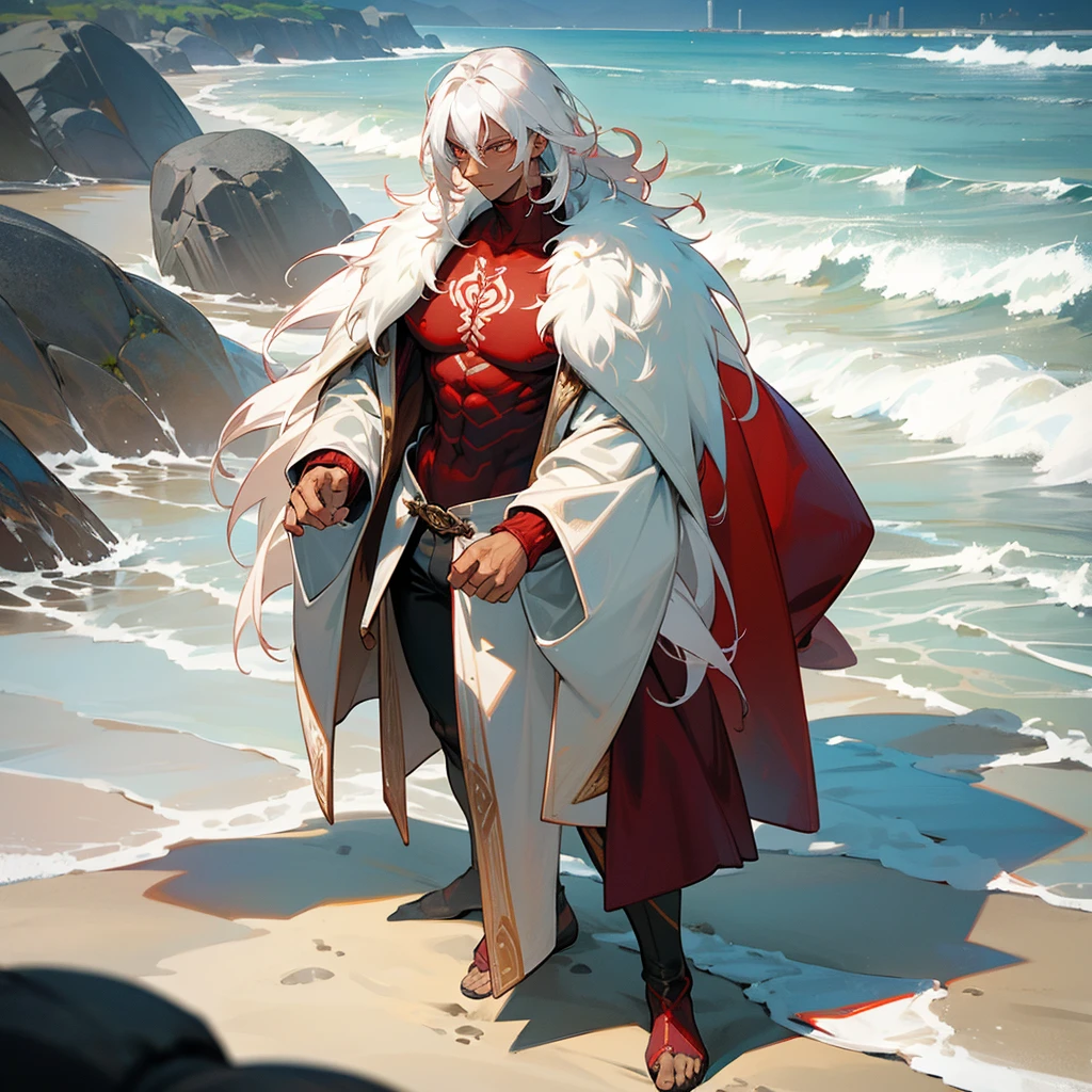 1male, young adult, dark skin, finely detailed crimson eyes, wild medium hair, seashell white hair color, long sleeve turtleneck sweater, oversized fur coat, standing on coast, day time, beach, somber expression, muscular, flowers, tattoos