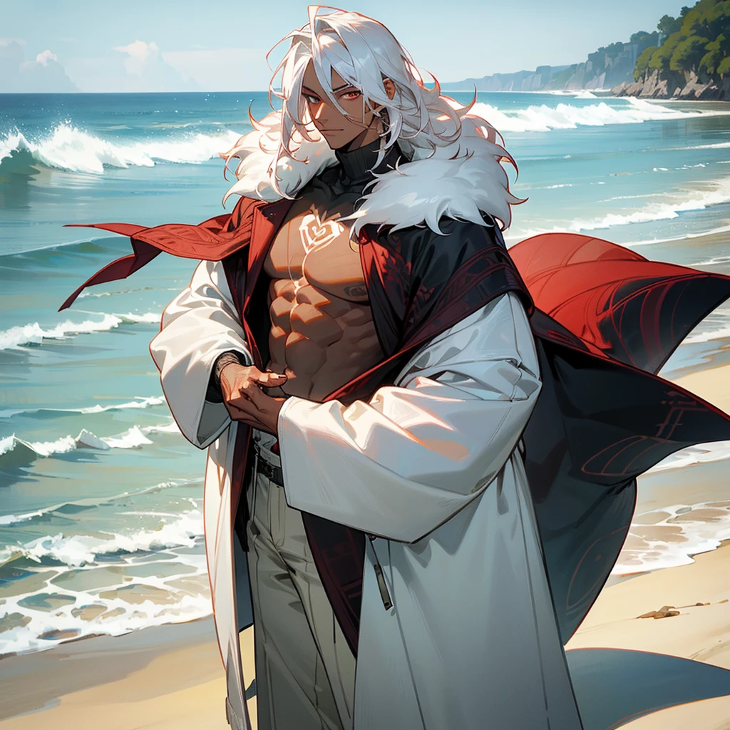 1male, young adult, dark skin, finely detailed crimson eyes, wild medium hair, seashell white hair color, long sleeve turtleneck sweater, oversized fur coat, standing on coast, day time, beach, somber expression, muscular, flowers, tattoos