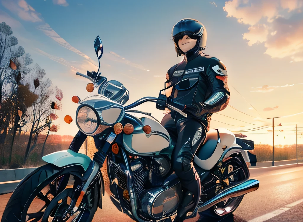 ((masterpiece,highest quality)), Perfect hands,Perfect legs,happy smile,(perfect detailed eyes), View your viewers, ( Motorcycle/motorcycle/motorcycle:1.5),local highway,ryder helmet,ryder suit,wind effect,evening,sunset sky,(touring:1.3),camper