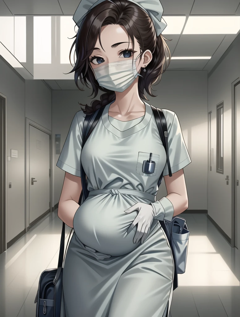 (give a score of 9_give a score of 8_give a score of 7)
masterpiece, highest quality, best quality, view from top down, 
in a hospital, 1 nurse, pregnant, surgical mask, surgical cap, surgical gloves, 