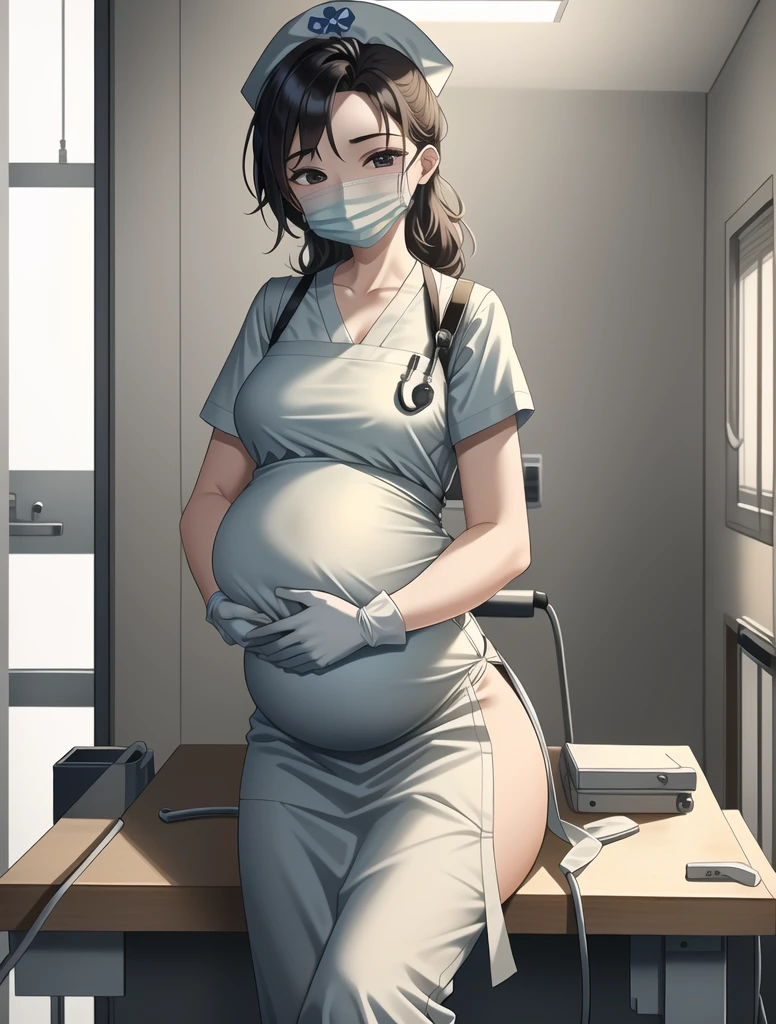 (give a score of 9_give a score of 8_give a score of 7)
masterpiece, highest quality, best quality, view from top down, 
in a hospital, 1 nurse, pregnant, surgical mask, surgical cap, surgical gloves, 