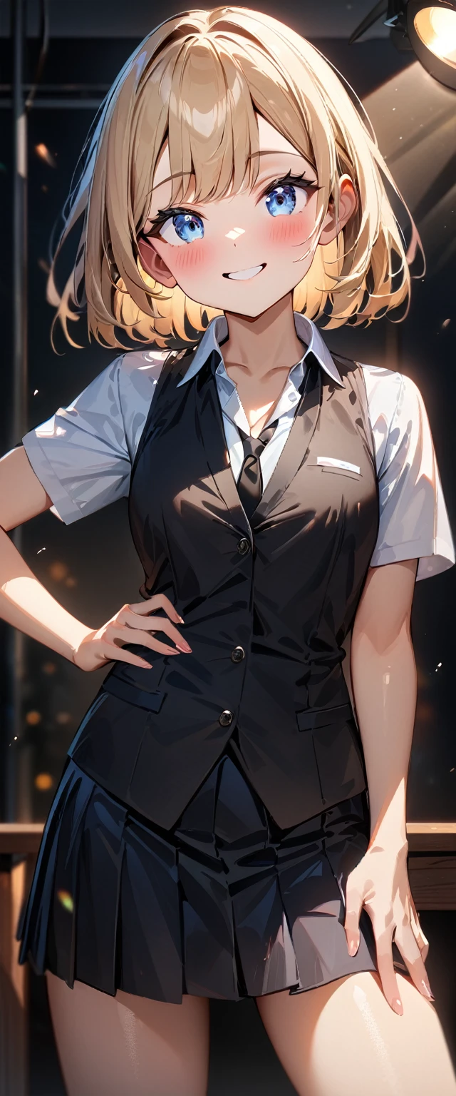 (((One girl))), blond hair, bob cut, (cowboy shot), (looking at viewer), (open collar:1.3), ((black tie under the waistcoat)), face in focus, teenager, head tilt:1.3, (((blue eye))), ((happy smile)), ((blush)), contrapposto, one hand on hip, school summer uniform, white unbuttoned shirt, skirt, black waistcoat, anime style, (best quality, 4k, 8k, highres, masterpiece:1.2, ultra-detailed, ultra-detailed eyes, HDR, UHD, studio lighting, ultra-fine painting, sharp focus, physically-based rendering, extreme detail description, professional, vivid colors, bokeh)