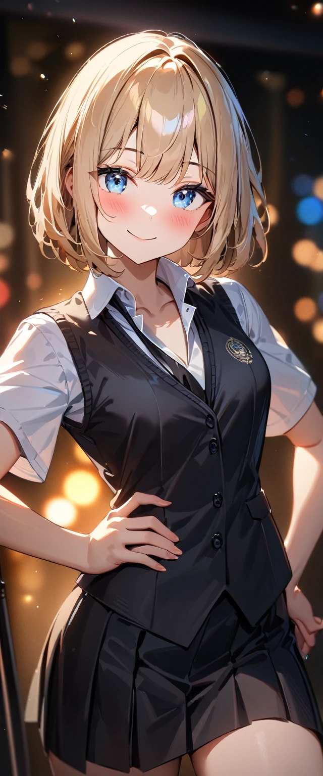 (((One girl))), blond hair, bob cut, (cowboy shot), (looking at viewer), (open collar:1.3), ((black tie under the waistcoat)), face in focus, teenager, head tilt:1.3, (((blue eye))), ((happy smile)), ((blush)), contrapposto, one hand on hip, school summer uniform, white unbuttoned shirt, skirt, black waistcoat, anime style, (best quality, 4k, 8k, highres, masterpiece:1.2, ultra-detailed, ultra-detailed eyes, HDR, UHD, studio lighting, ultra-fine painting, sharp focus, physically-based rendering, extreme detail description, professional, vivid colors, bokeh)