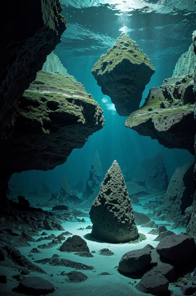 Unusual underwater rock formations in the Bermuda Triangle, illuminated by the lights of a submersible. The formations look ancient and mysterious, with intricate patterns and shapes."