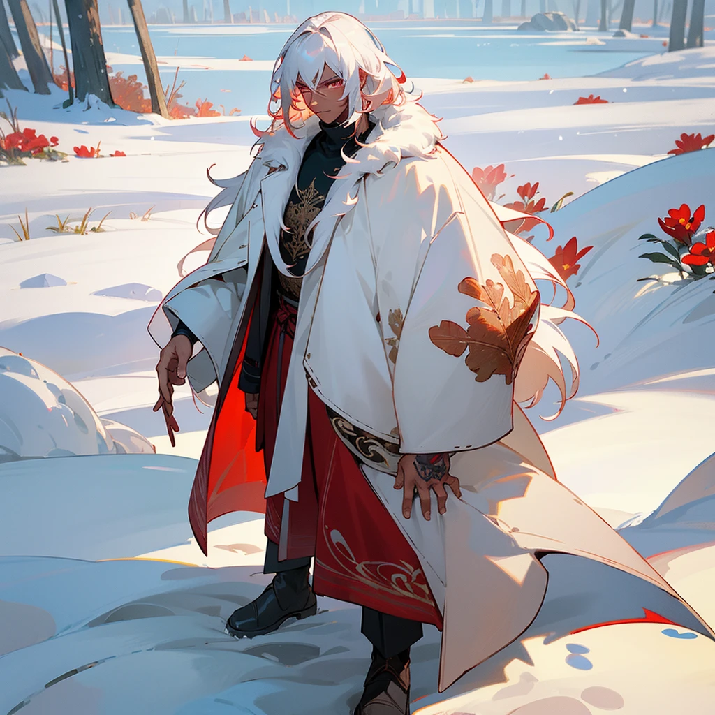 1male,  adult, dark skin, finely detailed crimson eyes, wild medium hair, seashell white hair color, long sleeve turtleneck sweater, oversized fur coat, standing on snowy path, day time, somber expression, muscular, flowers, tattoos