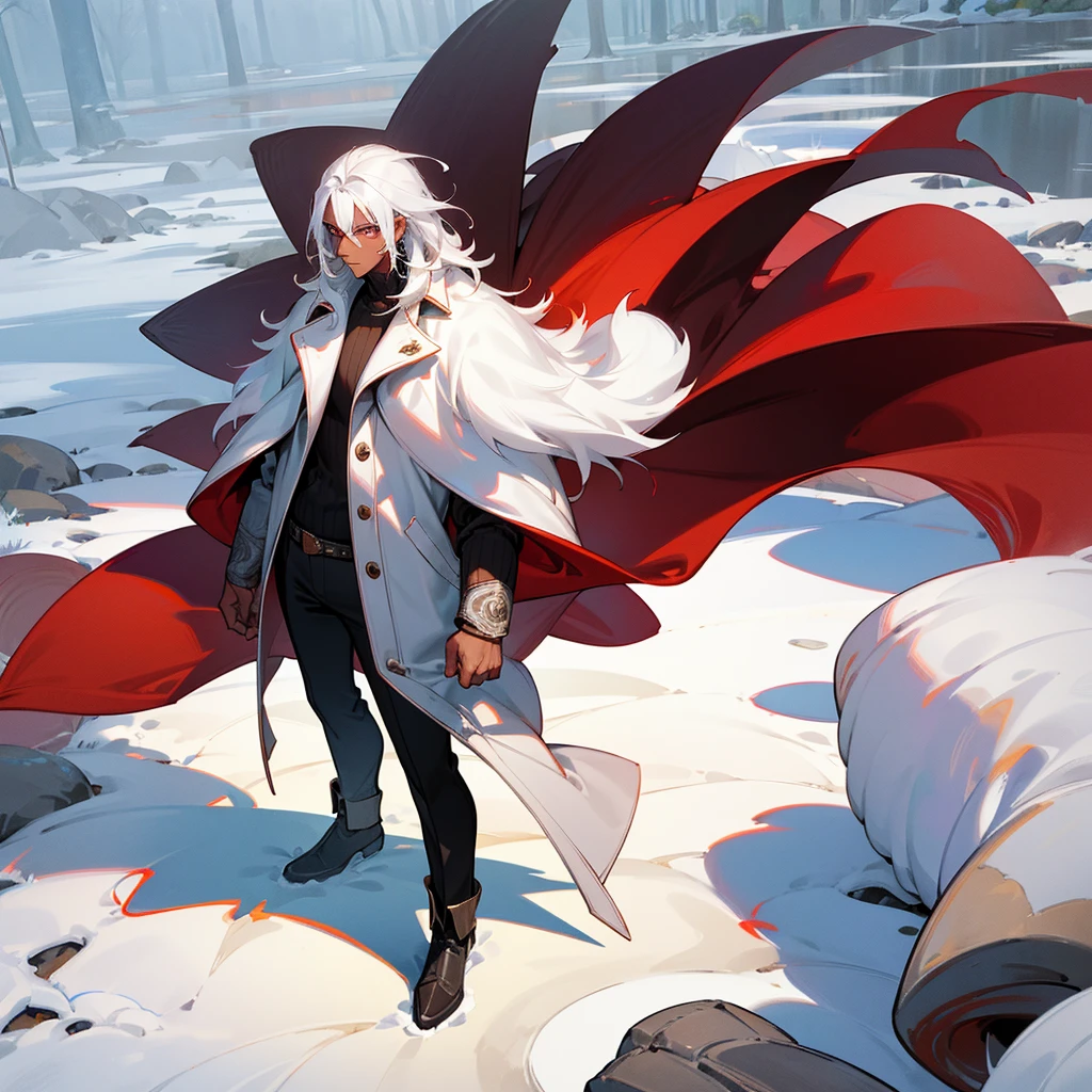 1male, adult, dark skin, finely detailed crimson eyes, wild medium hair, seashell white hair color, long sleeve turtleneck sweater, oversized fur coat, standing on snowy path, day time, somber expression, muscular, flowers, tattoos