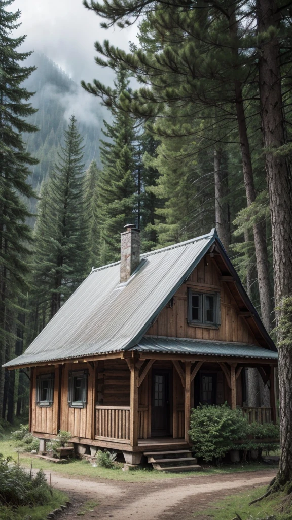 Create a wallpaper with the best possible quality about a small wooden house with rustic but old details in the middle of a forest with many very rainy pine trees around a mountain range.