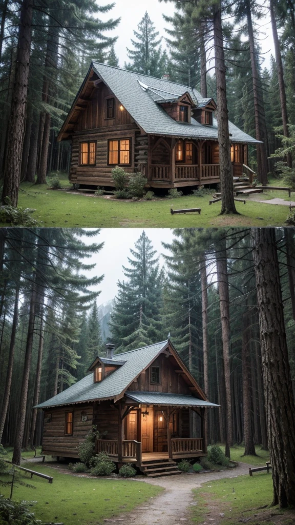 Create a wallpaper with the best possible quality about a small wooden house with rustic but old details in the middle of a forest with many very rainy pine trees around a mountain range.