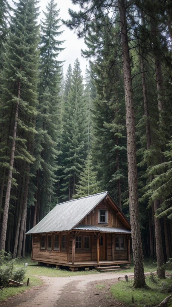 Create a wallpaper with the best possible quality about a small wooden house with rustic but old details in the middle of a forest with many very rainy pine trees around a mountain range.