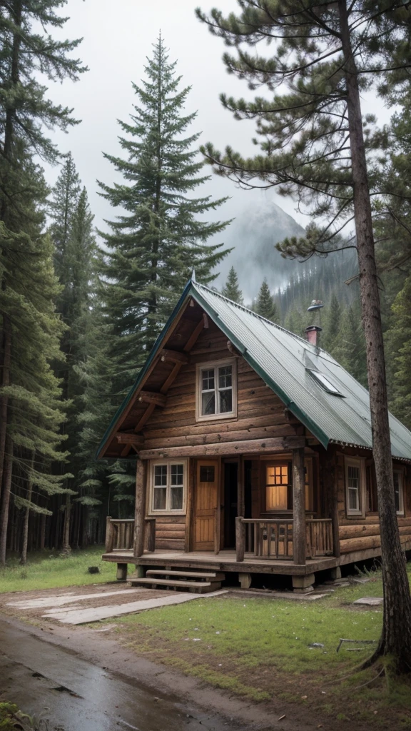 Create a wallpaper with the best possible quality about a small wooden house with rustic but old details in the middle of a forest with many very rainy pine trees around a mountain range.