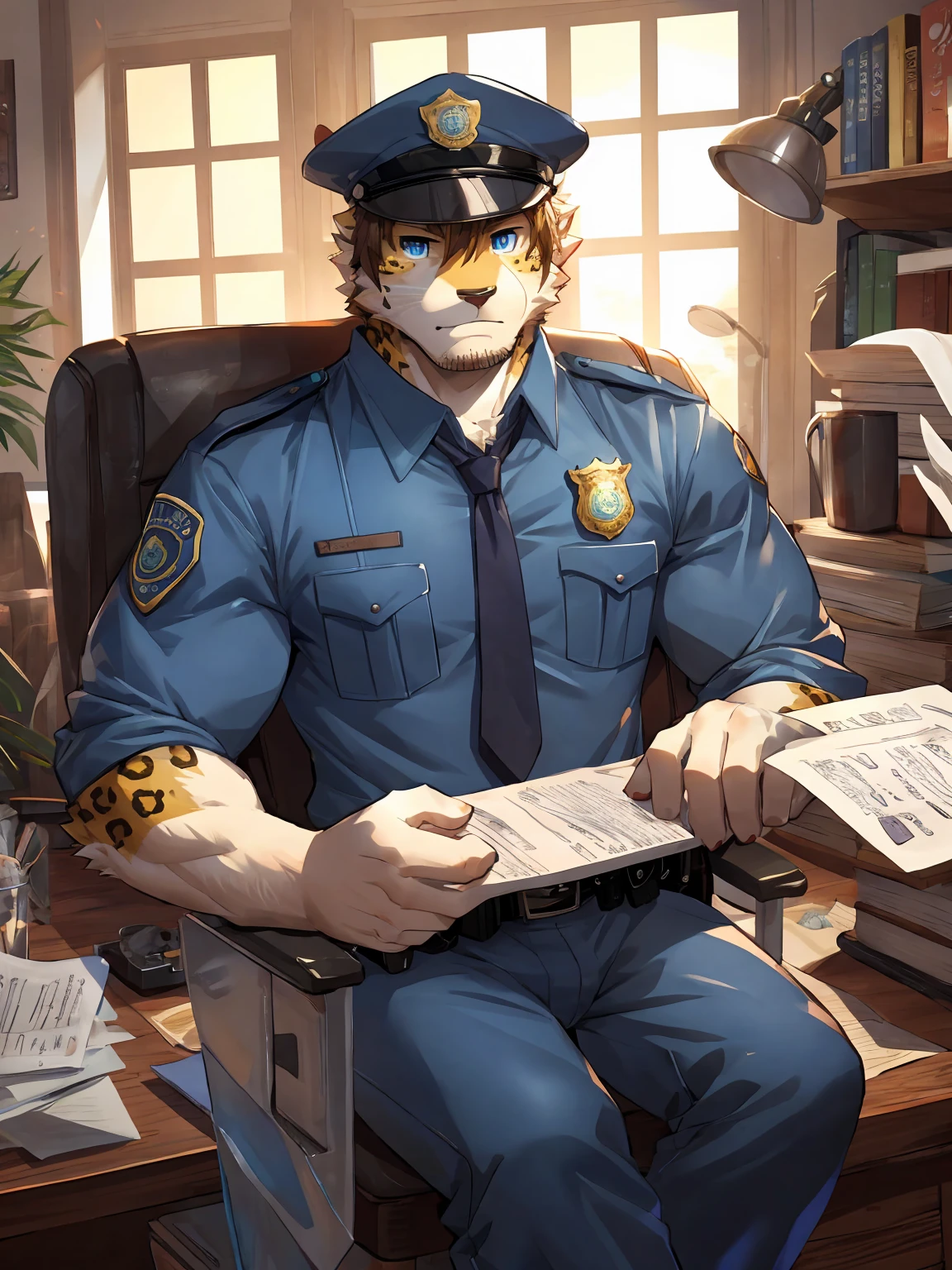 embedding：Leopard,Pale blue eyes,Single Person,Male,Chief,Wearing a police uniform,Wearing a police cap,modern，Eat a doughnut.Sitting in the office,There are papers and coffee cup on the table.Ray tracing,muscle，Serious,Stubble,Maturity,Best quality hands, best quality eye，detailed fur，Delicate eyes.Extreme picture quality，by sollyz,by zixiong,by milkytiger1145