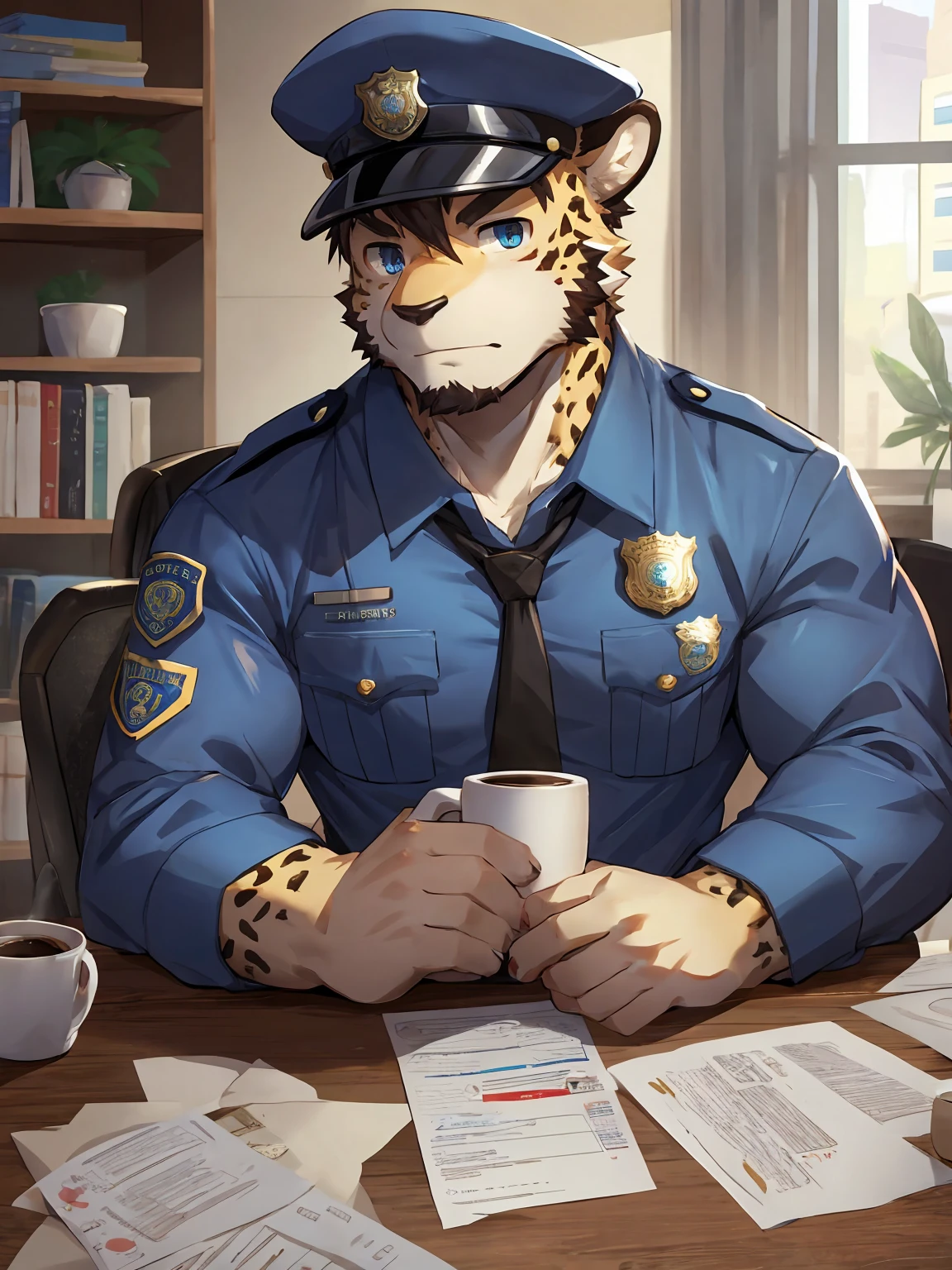 embedding:Leopard,Pale blue eyes,Single Person,Male,Chief,Wearing a police uniform,Wearing a police cap,modern,Eat a doughnut.Sitting in the office,There are papers and coffee cup on the table.Ray tracing,muscle,Serious,Stubble,Maturity,Best quality hands, best quality eye,detailed fur,Delicate eyes.Extreme picture quality,by sollyz,by zixiong,by milkytiger1145