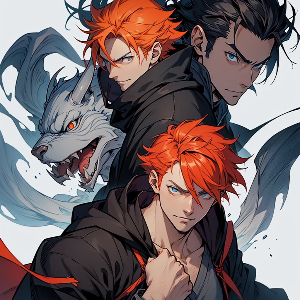 only one handsome tall anime guy with blue eyes in demon slayer art wearing a gray hoodie with orange hair and white smile in kentaro miura manga art style