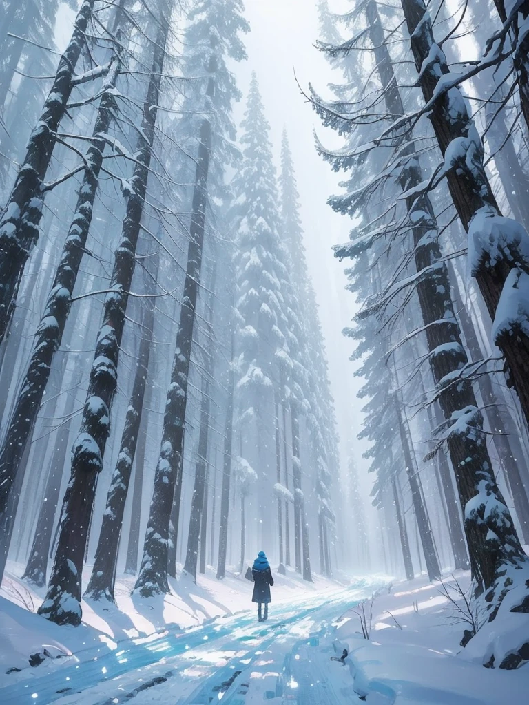 a close up of a person walking on a snowy path in the woods, snowy. by makoto shinkai, ross tran. scenic background, beautiful anime scene, by sylvain sarrailh, winter concept art, beautiful anime scenery, beautiful concept art, anime nature, anime nature wallpap, snow forest, environment art, cold colors. insanely detailed