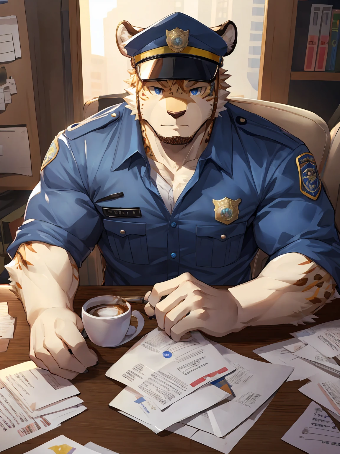embedding：Leopard,Pale blue eyes,Single Person,Male,Chief,Wearing a police uniform,Wearing a police cap,modern，Eat a doughnut.Sitting in the office,There are papers and coffee cup on the table.Ray tracing,muscle，Serious,Stubble,Maturity,Best quality hands, best quality eye，detailed fur，Delicate eyes.Extreme picture quality，by sollyz,by zixiong,by milkytiger1145