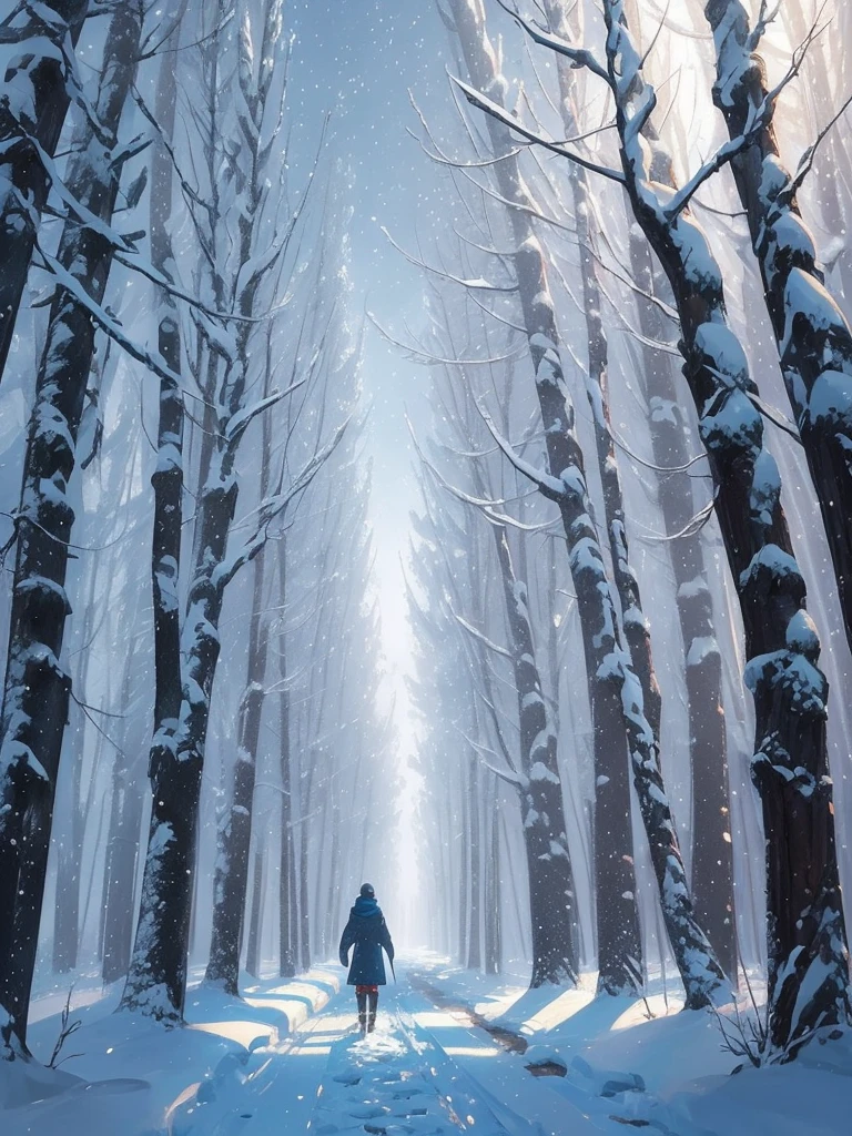 a close up of a person walking on a snowy path in the woods, concept art by sylvain sarrailh, Artstation, conceptual art, snowy. by makoto shinkai, ross tran. scenic background, beautiful anime scene, winter concept art, beautiful anime scenery, beautiful concept art, anime nature, anime nature wallpap, snow forest, environment art