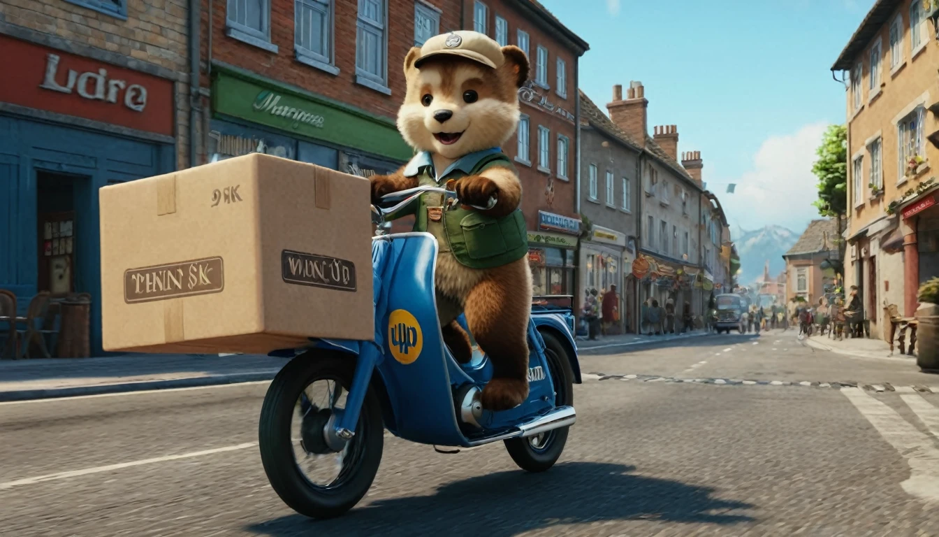 score_9, score_8_up, score_7_up, source_photo, photography, photorealistic, detailed, rating safe, front view, very wide shot, a super cub holding delivery box runs the town, rider is wearing cook clothes, masterpiece, best quality, 8k,