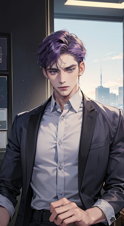 (best quality, masterpiece, 8K, photorealistic, cinematic lighting, hdr image, ultra detailed, beautiful image), 1 man, 31 years old, mature man, very handsome, (without expression, serious), short purple hair, blue grey eyes ( penetrating gaze), perfect face without errors, imposing posture, without errors, businessman, office background