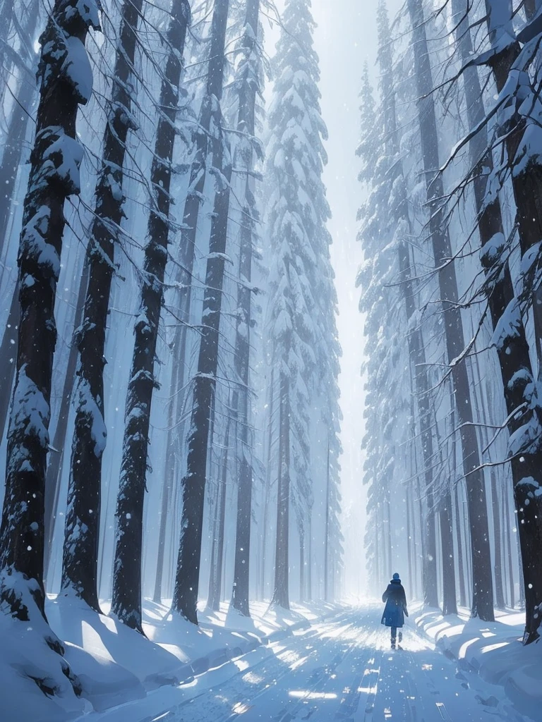 a close up of a person walking on a snowy path in the woods, snowy. by makoto shinkai, ross tran. scenic background, beautiful anime scene, by sylvain sarrailh, winter concept art, beautiful anime scenery, beautiful concept art, anime nature, anime nature wallpap, snow forest, environment art, cold colors. insanely detailed