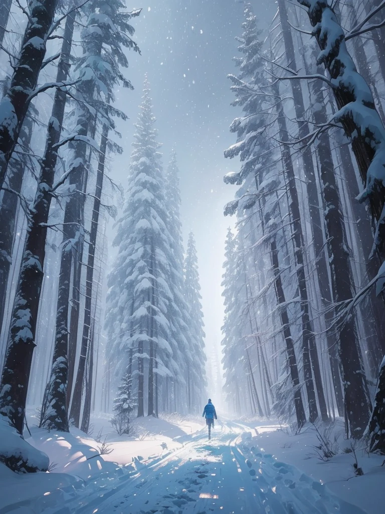 a close up of a person walking on a snowy path in the woods, snowy. by makoto shinkai, ross tran. scenic background, beautiful anime scene, by sylvain sarrailh, winter concept art, beautiful anime scenery, beautiful concept art, anime nature, anime nature wallpap, snow forest, environment art, cold colors. insanely detailed