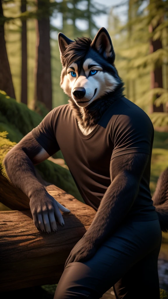 Sexy Posing, male, 30 years old, cute, eyeliner, short black hair, biting lip smile, black shirt, bedroom eyes, anthro, dog ears, (black fur:1.5),husky dog, forest background, 8k, hi res, (best quality, masterpiece), blue eyes, lying on log, husky tail