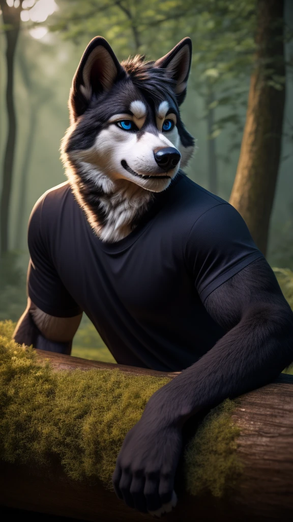 Sexy Posing, male, 30 years old, cute, eyeliner, short black hair, biting lip smile, black shirt, bedroom eyes, anthro, dog ears, (black fur:1.5),husky dog, forest background, 8k, hi res, (best quality, masterpiece), blue eyes, lying on log, husky tail