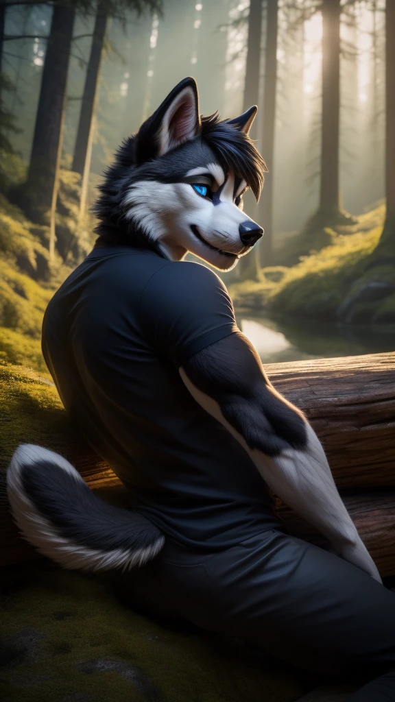 Sexy Posing, male, 30 years old, cute, eyeliner, short black hair, biting lip smile, black shirt, bedroom eyes, anthro, dog ears, (black fur:1.5),husky dog, forest background, 8k, hi res, (best quality, masterpiece), blue eyes, lying on log, husky tail