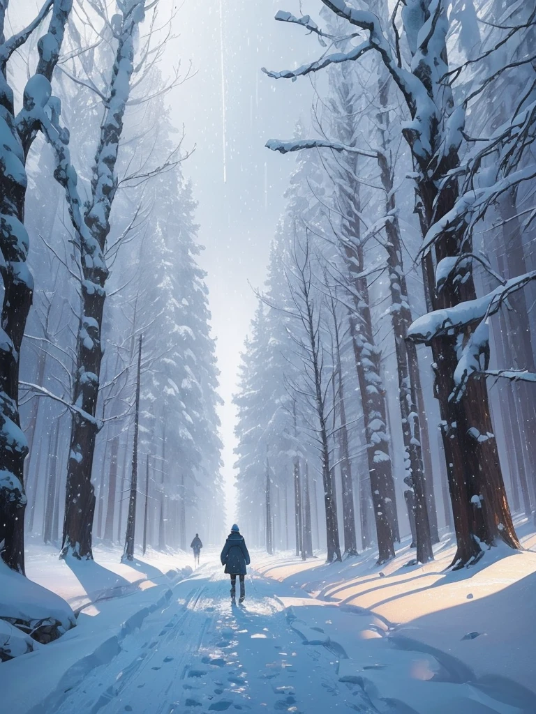 a close up of a person walking on a snowy path in the woods, concept art by sylvain sarrailh, Artstation, conceptual art, snowy. by makoto shinkai, ross tran. scenic background, beautiful anime scene, winter concept art, beautiful anime scenery, beautiful concept art, anime nature, anime nature wallpap, snow forest, environment art
