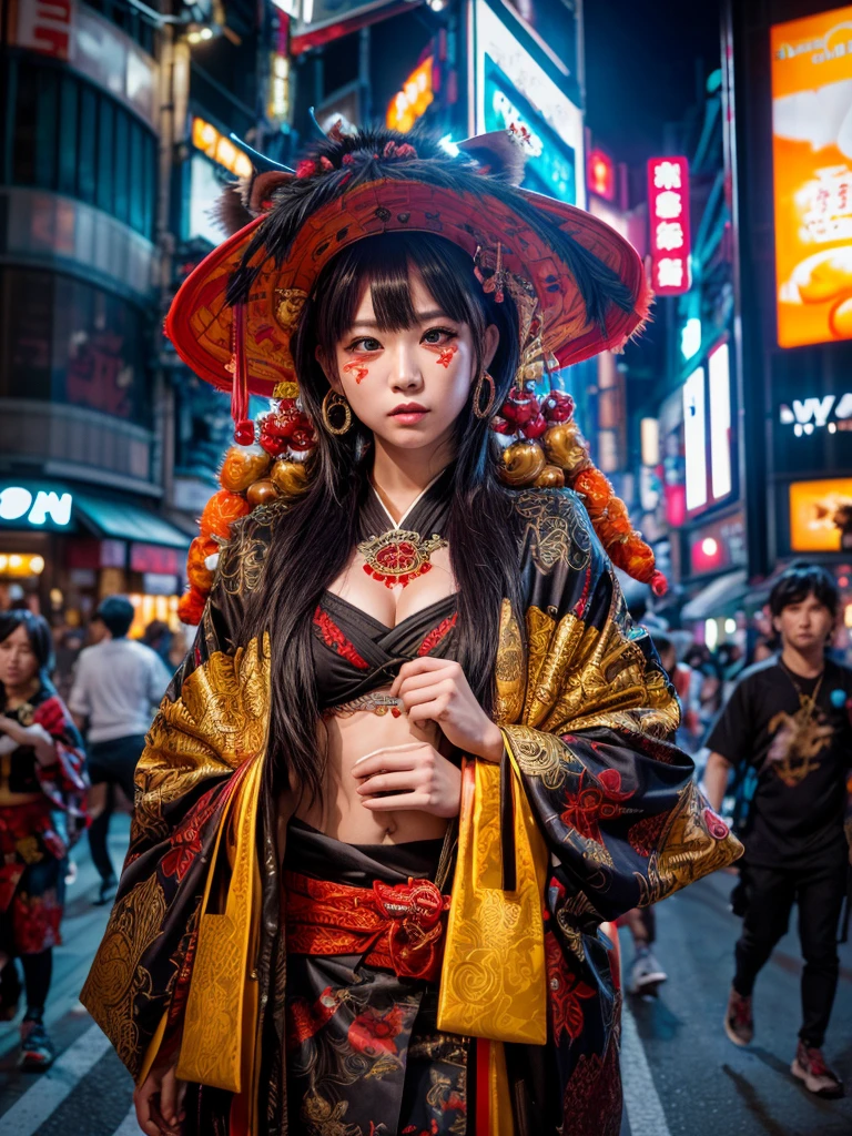 (masterpiece, cinematic photograph capturing the bustling streets of Shibuya, Japan, adorned with a procession of "oni" - traditional Japanese demons, parading through the night under the gaze of the intrigued crowd:1.3), (meticulously composed to convey the dynamic energy of the scene and the mystique of the "oni" creatures:1.2), (the intricate details of the "oni" costumes and the expressions of the people in the crowd adding depth to the visual narrative:1.1), (meticulous attention given to the neon-lit surroundings and the vivid contrast between the "oni" and the modern cityscape:1.1), (the chosen camera, a Canon EOS 5D Mark IV, renowned for its low-light performance, effectively capturing the vibrant atmosphere of the scene:1.1), (paired with a Canon EF 24-70mm f/2.8L II USM lens, allowing for versatility and sharpness in the wide-angle composition:1.1), (a portrayal that evokes a sense of enchantment and cultural fusion in the heart of a bustling city:1.1), (an image that invites viewers to immerse themselves in the urban fantasy and explore the intersection of tradition and modernity:1.1), (an artwork that encapsulates the vibrant nightlife of Shibuya and the captivating allure of the "oni" parade:1.1), (an invitation to witness a unique blend of myth and reality, captured in a cinematic frame:1.1), (a photographic journey that transports the audience to the lively streets of Tokyo's most iconic district:1.1)), Cinematic, Hyper-detailed, insane details, Beautifully color graded, Unreal Engine, DOF, Super-Resolution, Megapixel, Cinematic Lightning, Anti-Aliasing, FKAA, TXAA, RTX, SSAO, Post Processing, Post Production, Tone Mapping, CGI, VFX, SFX, Insanely detailed and intricate, Hyper maximalist, Hyper realistic, Volumetric, Photorealistic, ultra photoreal, ultra-detailed, intricate details, Super detailed, Full color, Volumetric lightning, HDR, Realistic, Unreal Engine, 16K, Sharp focus, Octane render