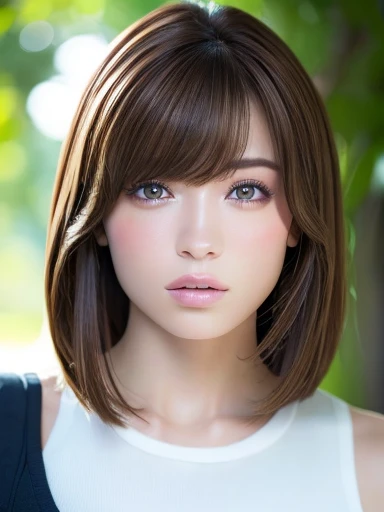 (Masseter muscle part:1.3)、(8K、Photoreal、RAW photo、highest quality: 1.4)、(1 girl)、beautiful face、(lifelike face)、(brown hair:1.5)、(medium hair)、beautiful hairstyle、（One eye is hidden by bangs：1.2）、beautiful and fine eyes、（real looking skin）、beautiful skin、（sweater）、absurd、attractive、超A high resolution、surreal、high detail、golden ratio