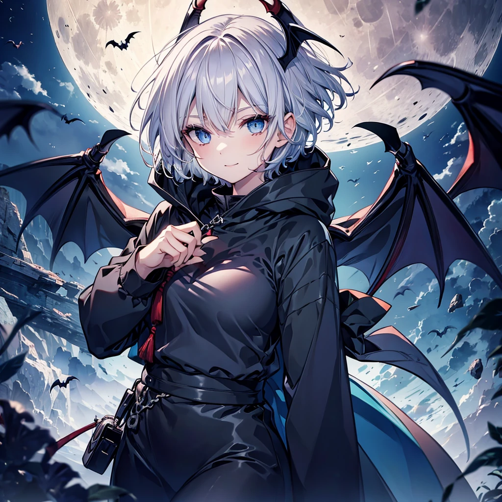 ((((vampire　Inflammation))))　(((Gray Hair　short hair　blue eyes　woman　Center close-up)))，((night　full moon　My own big wings))，(Wearing a hood　Black camisole　Purple light　Wearing a cloak)，　A strained smile　Shining Background　Shining Edges