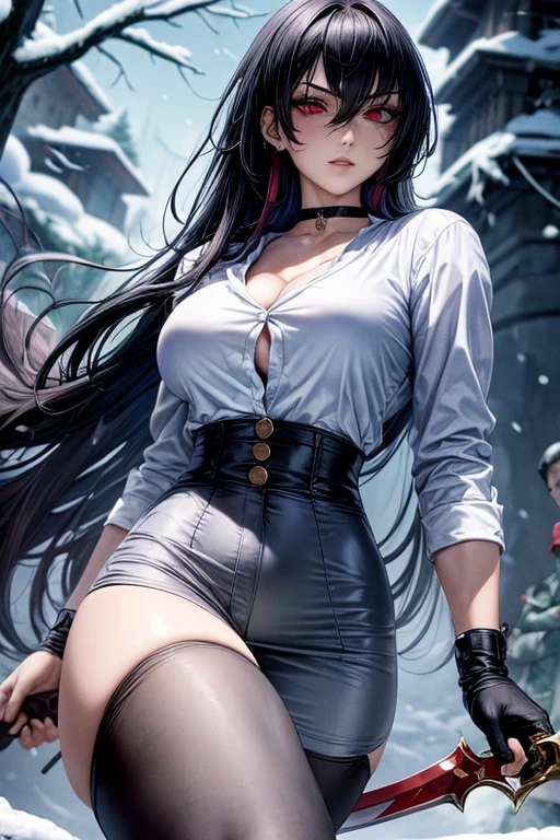 1 woman, woman fighting two zombies, High school girl swordsman, holds a greatsword in his right hand, long black hair, beautiful eyes, detailed eyes, Red eyes, choker:1.6, captivating look, wearing a white long-sleeved button-down shirt, very big breasts, shiny black tight leggings, Snowy forest, snow night, Dark, Moonlight, absurd, high resolution, ultra-sharp, 8k, Masterpiece, front view, looking at the viewer