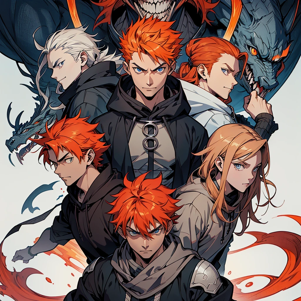 only one man in a gray hoodie, orange - haired anime boy, white smile, kentaro miura manga art style, handsome guy in demon slayer art, tall anime guy with blue eyes, archie andrews