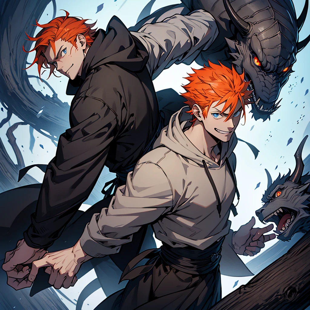 only 1 handsome tall anime guy with blue eyes in demon slayer art wearing a gray hoodie with orange hair and white smile in kentaro miura manga art style