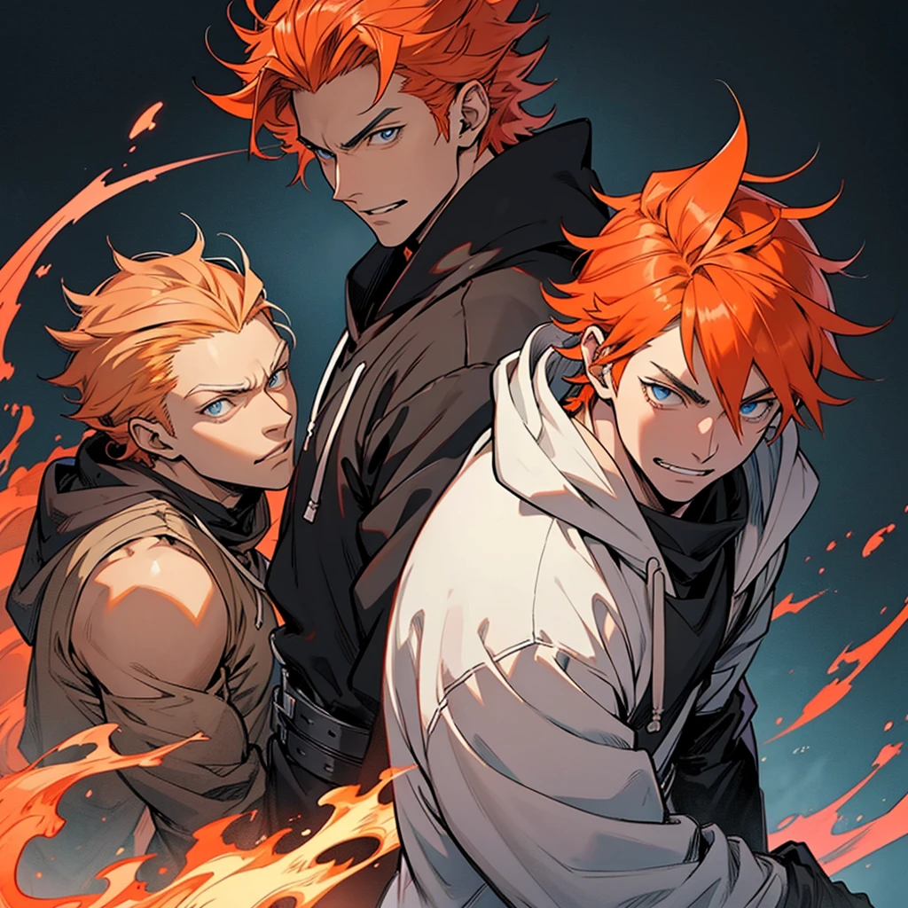 only 1 handsome tall anime guy with blue eyes in demon slayer art wearing a gray hoodie with orange hair and white smile in kentaro miura manga art style
