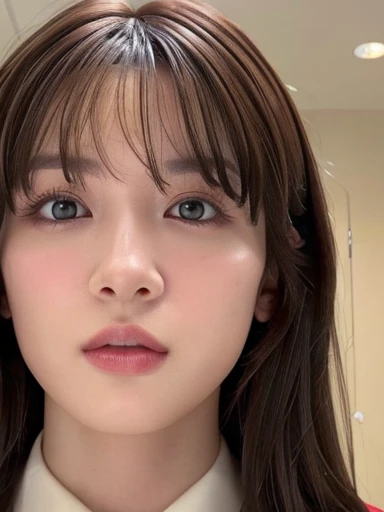 (Masseter muscle part:1.3)、(8K、Photoreal、RAW photo、highest quality: 1.4)、(1 girl)、beautiful face、(lifelike face)、(brown hair:1.5)、(medium hair)、beautiful hairstyle、（One eye is hidden by bangs：1.2）、beautiful and fine eyes、（real looking skin）、beautiful skin、（sweater）、absurd、attractive、超A high resolution、surreal、high detail、golden ratio