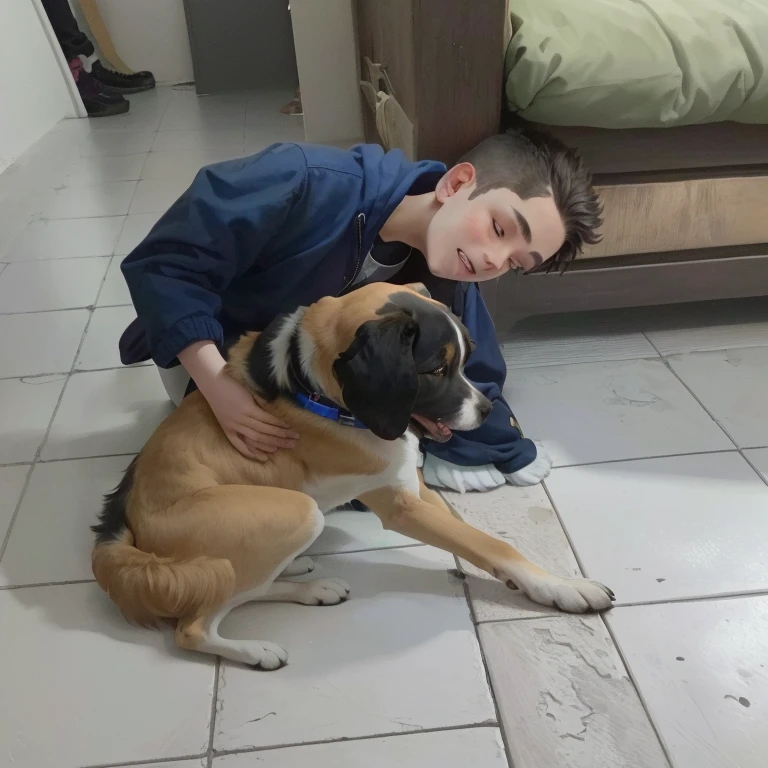There is a boy who is kneeling with a dog, with your hyperactive puppy, 1614572159, 9 years old