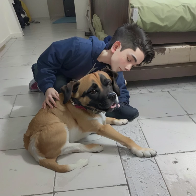 There is a boy who is kneeling with a dog, with your hyperactive puppy, 1614572159, 9 years old