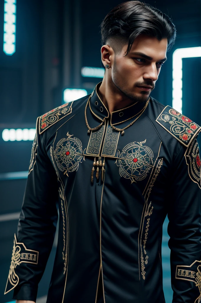 Парень futuristic embroidery on a men's shirt, cyberpunk around the neck, cyberpunk patterns are embroidered, sleeves without patterns, only around the neck in the style of Ukrainian vyshyvanka