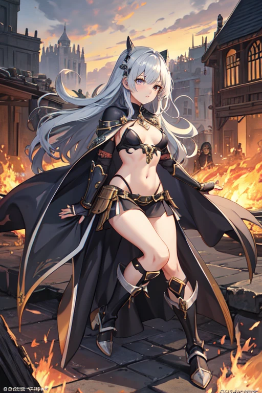 One beautiful girl、、Exposed metal armor、Belly button、Tattered Cape、Longsword in one hand、Thighs、Glowing Skin、Full Body Lesbian、stand、Ruins in the background、Burning Flames、Fight monsters、Anime cute face、For viewers、Long silver hair、Metal Boots、片方のThighsに黒いリボンが巻かれている