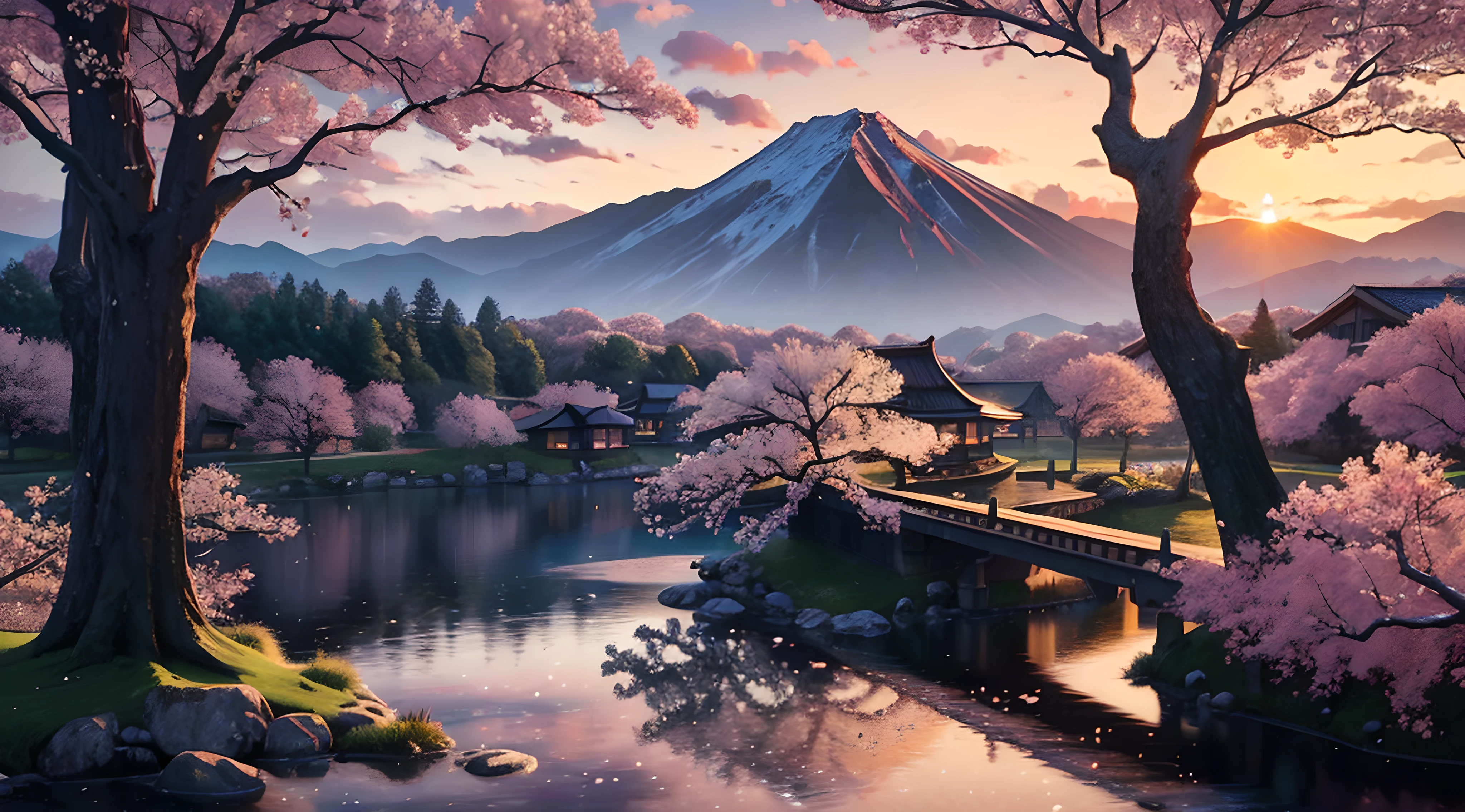 (masterpiece, Best quality:1.2), ultra detailed, Cinematic lighting, HDR, illustration, landscape, sunrise, cherry blossom, impressive, cold, inspiring,