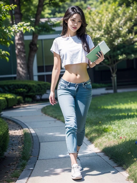 (best quality, Masterpiece, Realistic photos, very detailed, Ultra high resolution, raw:1.3), 1 woman, beautiful, Japan, in university, A young university girl wears a green button-up crop top., Blue Jeans, showing navel, College Student, navel, (canvas shoes, ขาbeautiful, full body), Walking place, holding a book, Dress well