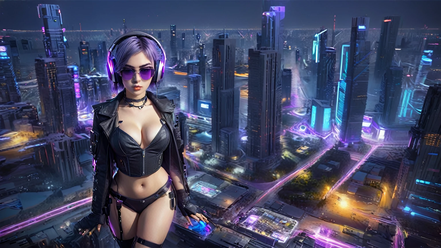 masterpiece, best quality, high resolution, 8k, (Portrait Photos:1.5), (R Original Photo), real picture, Digital Photography, (A fusion of cyberpunk and fantasy), 20 year old girl, solo, (((black sunglasses, headphone))), Feel free to hairstyle, Purple Eyes, By Bangs, (large breasts, cleavage, Accessories, Elegant and charming, Combination of cyberpunk and fantasy style clothing, Hollow carving design, Photo poses, Realistic style, (((((((pistol shooting pose))))))), oc render reflection texture, sentry, (((((Cyberpunk style future city, Moai shape buildings))))), night, Bustling streets, (((((half-body (thigh level) medium shot))))).