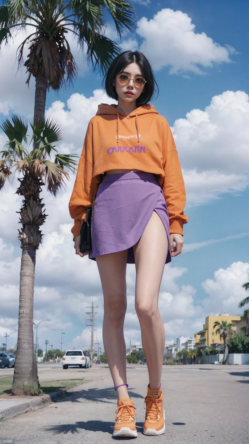 1 girl, plum body ,wear ((orange color oversized hoodie)), wear ((purple tennis skirt)),looking front,Best Quality,Masterpiece,Ultra High Resolution,(Realisticity:1.4),Original Photo, 1Girl, light leak,ultra high resolution,UHD,beautiful, black bob hair, almond eye, no makeup, in front of (80's mondrian architecture motel), (from below:1.3), (realistic:1.2), (surreal:1.3), (very detailed:1.1), ((masterpiece)),summer, blue sky, palm trees,sunny, los angles vibes