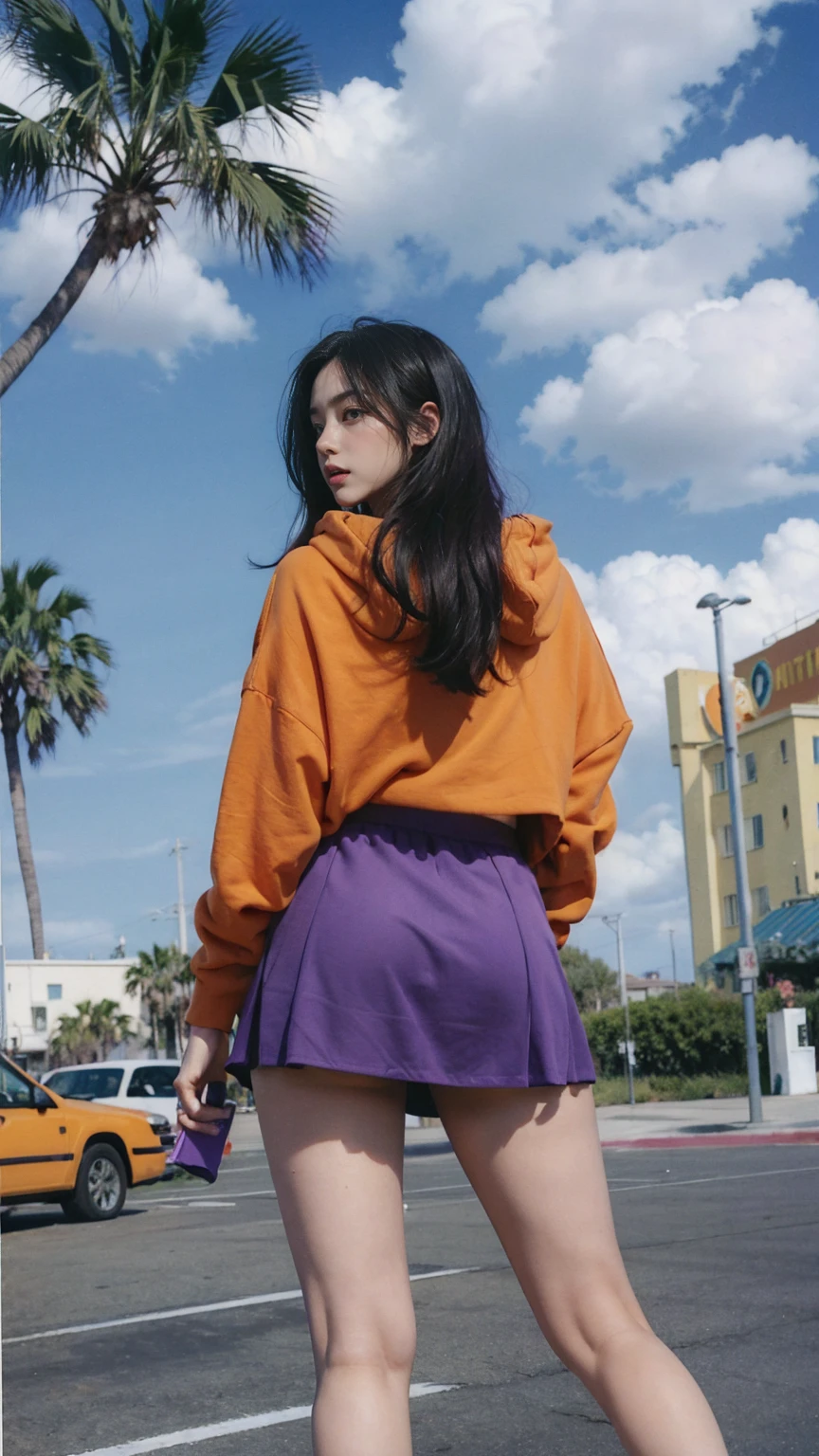 1 girl, plum body ,wear ((orange color oversized hoodie)), wear ((purple tennis skirt)),looking front,Best Quality,Masterpiece,Ultra High Resolution,(Realisticity:1.4),Original Photo, 1Girl, light leak,ultra high resolution,UHD,beautiful, black bob hair, almond eye, no makeup, in front of (80's mondrian architecture motel), (from below:1.3), (realistic:1.2), (surreal:1.3), (very detailed:1.1), ((masterpiece)),summer, blue sky, palm trees,sunny, los angles vibes