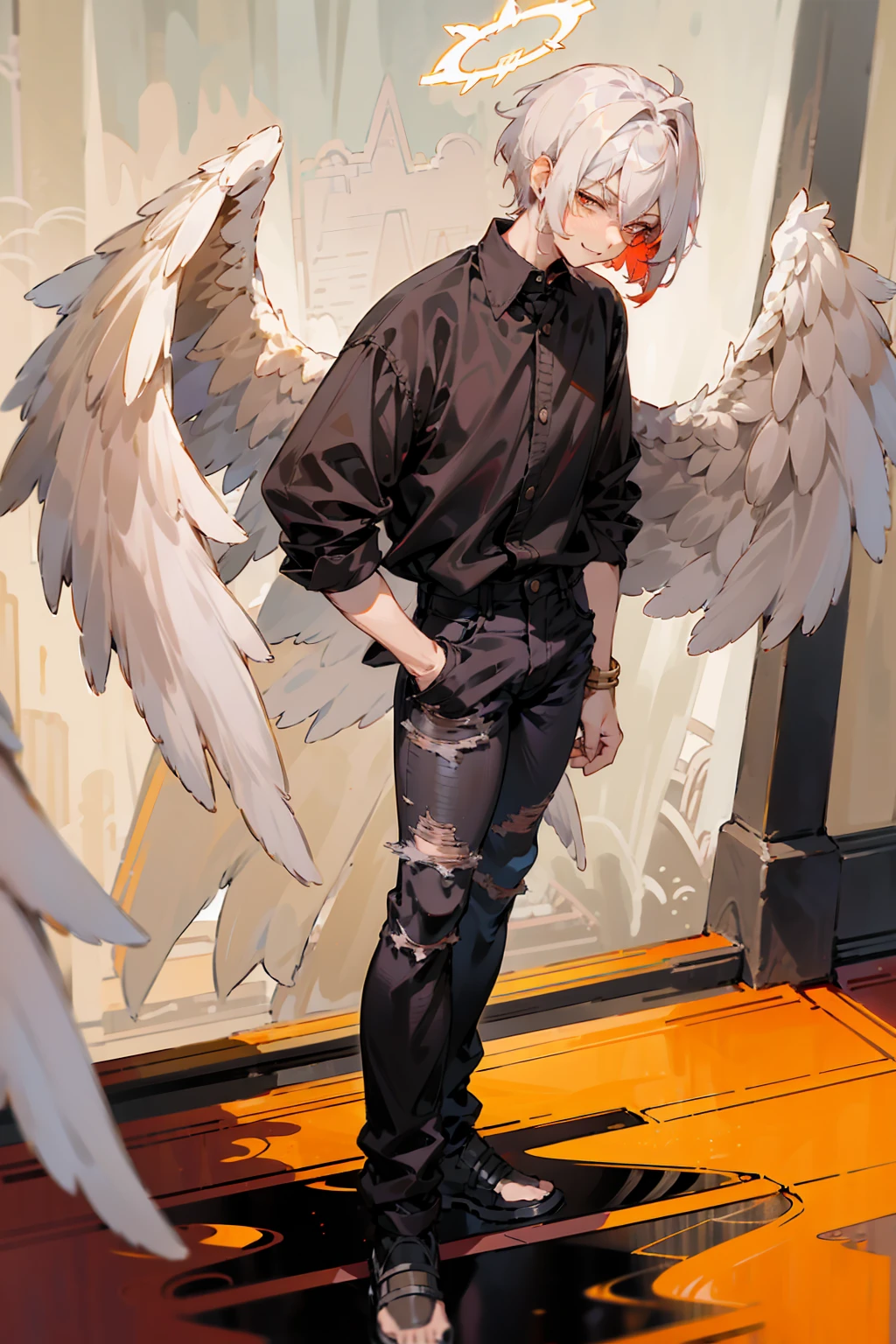 1male, Adult, Two Tone Hair, Crimson and White Hair, Short Hair, Undercut Hair, Angel Halo, Black Wings, Golden Eyes, Smirk, Black Flannel Shirt, Black Ripped Jeans, Standing On Path