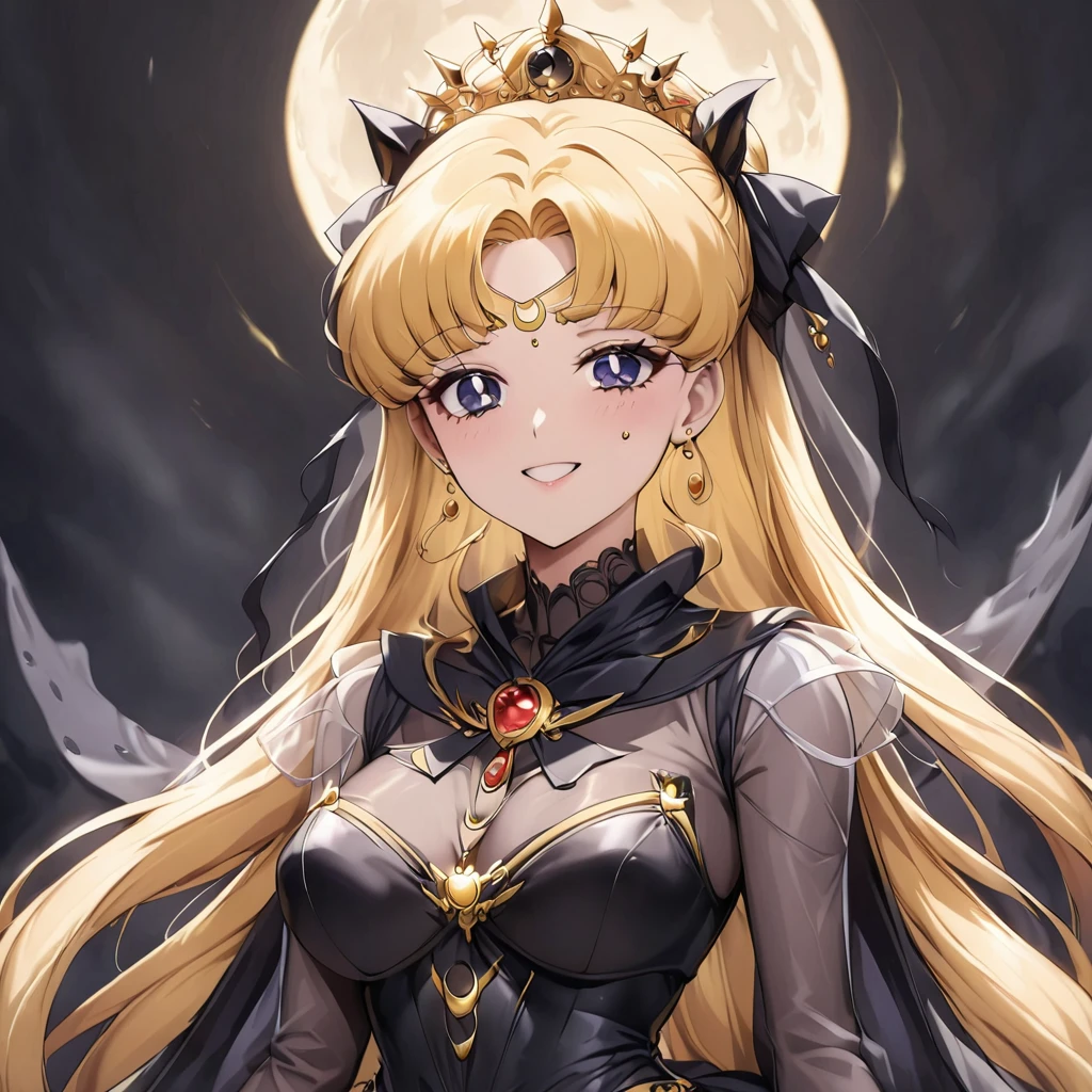 ((Highest quality)), ((masterpiece)), (detailed), (Perfect Face)、Black moon mark on forehead、The woman is Black Serenity, the noble dark queen of the Black Moon clan and has blonde hair.2The woman with long hair tied up is Princess Serenity、The woman has a black inverted crescent moon mark on her forehead, a gorgeous and glittering black gothic Victorian dress, a black veil and a black see-through cape, and is wearing luxurious jeweled accessories. She is the Queen of Darkness, the jet-black Princess Serenity, looking at the camera with a happy expression, and has the expression of a maiden in love.