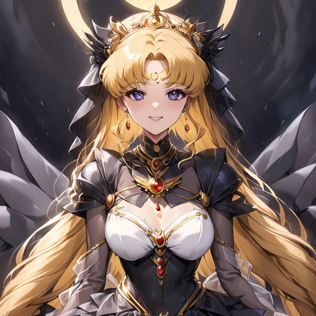 ((Highest quality)), ((masterpiece)), (detailed), （Perfect Face）、Black moon mark on forehead、The woman is Black Serenity, the noble dark queen of the Black Moon clan and has blonde hair.２The woman with long hair tied up is Princess Serenity、The woman has a black inverted crescent moon mark on her forehead, a gorgeous and glittering black gothic Victorian dress, a black veil and a black see-through cape, and is wearing luxurious jeweled accessories. She is the Queen of Darkness, the jet-black Princess Serenity, looking at the camera with a happy expression, and has the expression of a maiden in love.